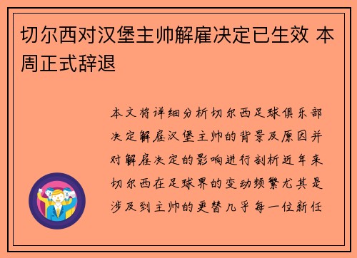 切尔西对汉堡主帅解雇决定已生效 本周正式辞退